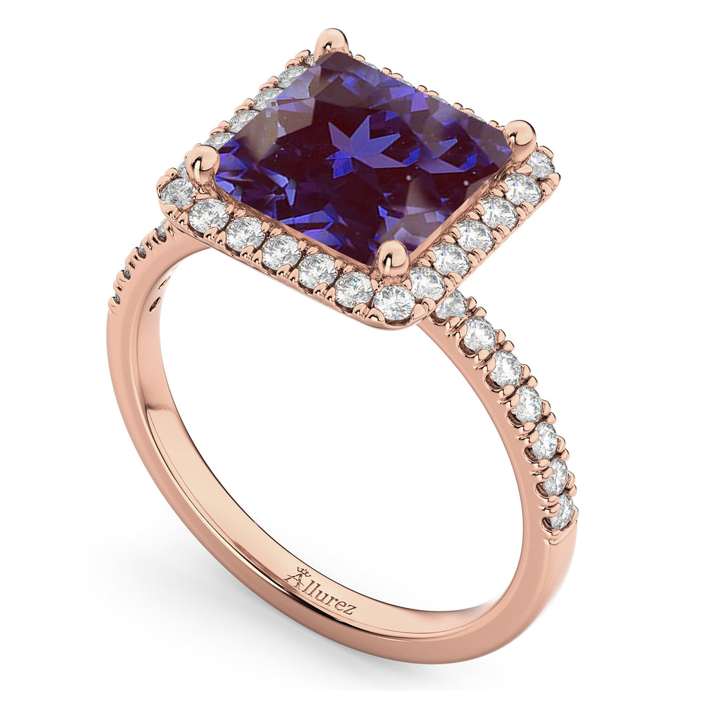 Princess Cut Halo Lab Alexandrite & Diamond Engagement Ring 14K Rose Gold 3.47ct