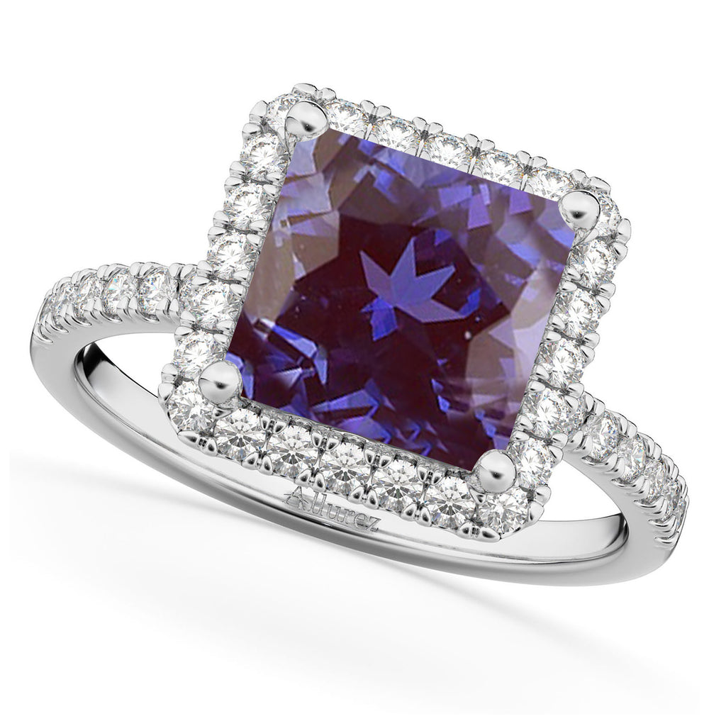 Princess Cut Halo Lab Alexandrite & Diamond Engagement Ring 14K White Gold 3.47ct