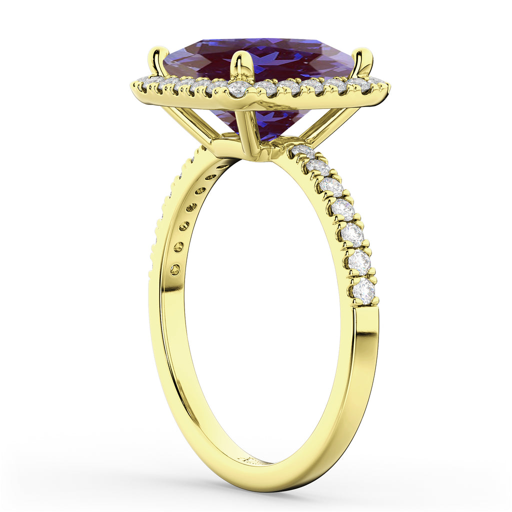 Princess Cut Halo Lab Alexandrite & Diamond Engagement Ring 14K Yellow Gold 3.47ct