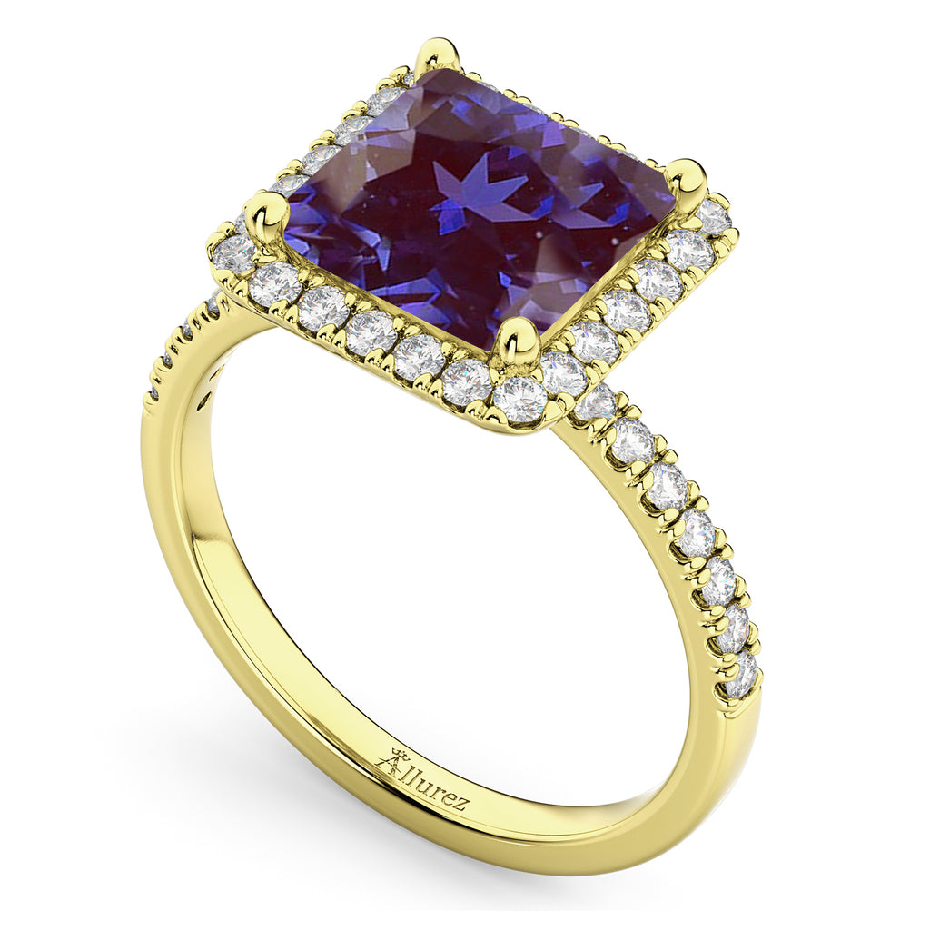 Princess Cut Halo Lab Alexandrite & Diamond Engagement Ring 14K Yellow Gold 3.47ct