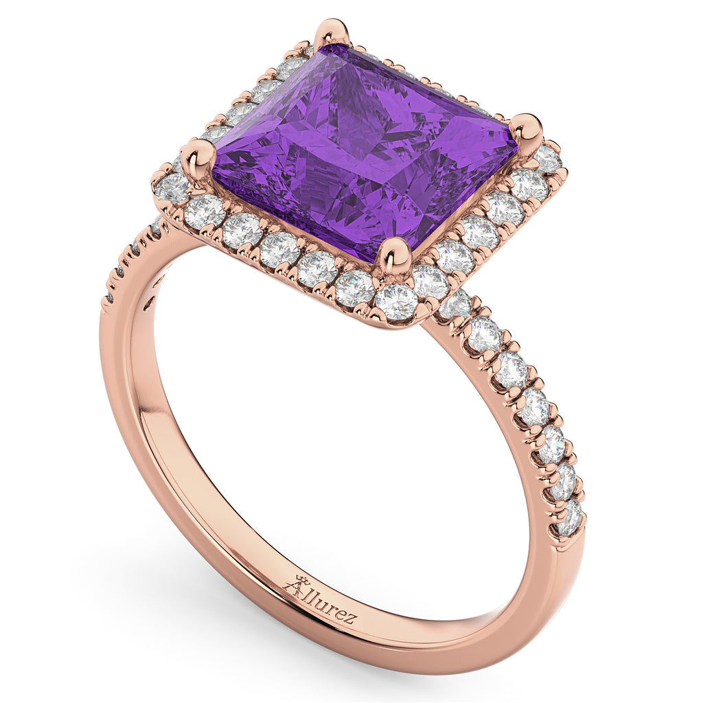 Princess Cut Halo Amethyst & Diamond Engagement Ring 14K Rose Gold 3.47ct