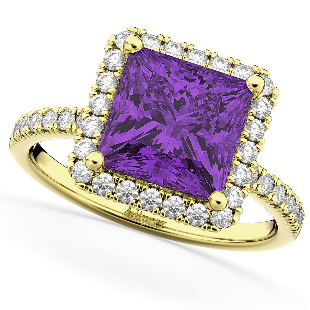 Princess Cut Halo Amethyst & Diamond Engagement Ring 14K Yellow Gold 3.47ct