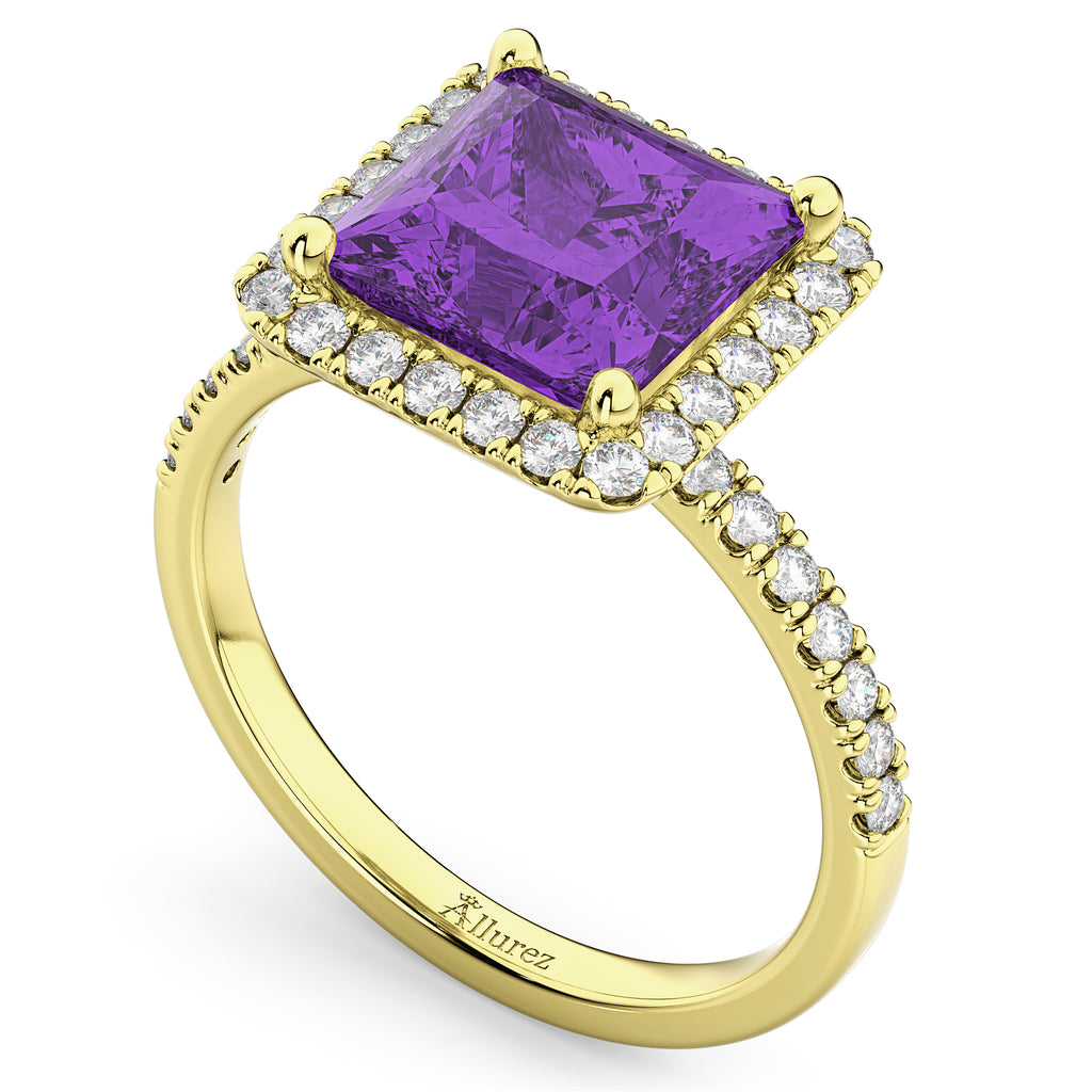 Princess Cut Halo Amethyst & Diamond Engagement Ring 14K Yellow Gold 3.47ct