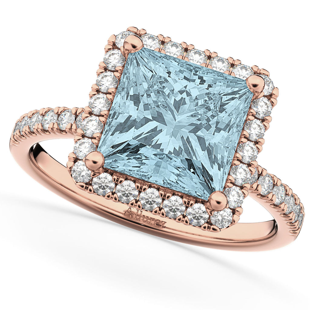 Princess Cut Halo Aquamarine & Diamond Engagement Ring 14K Rose Gold 3.47ct