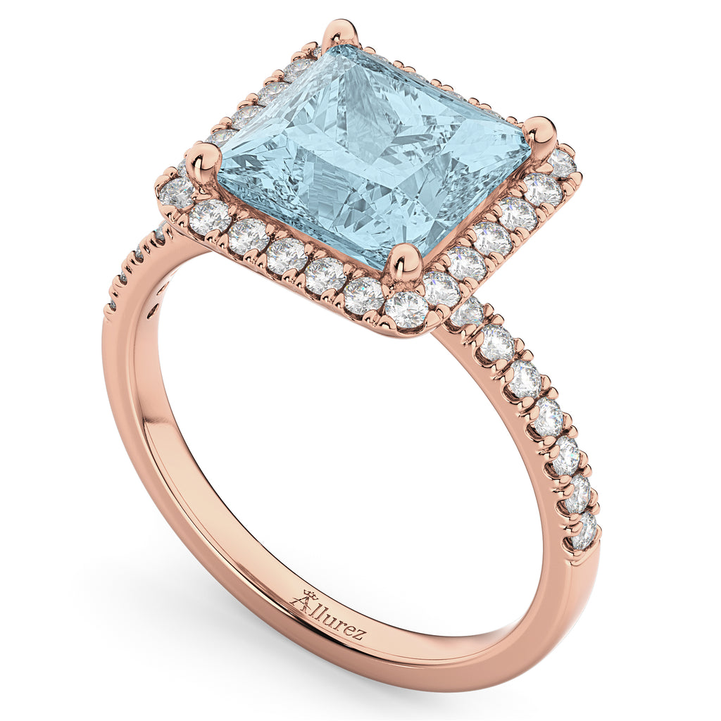 Princess Cut Halo Aquamarine & Diamond Engagement Ring 14K Rose Gold 3.47ct