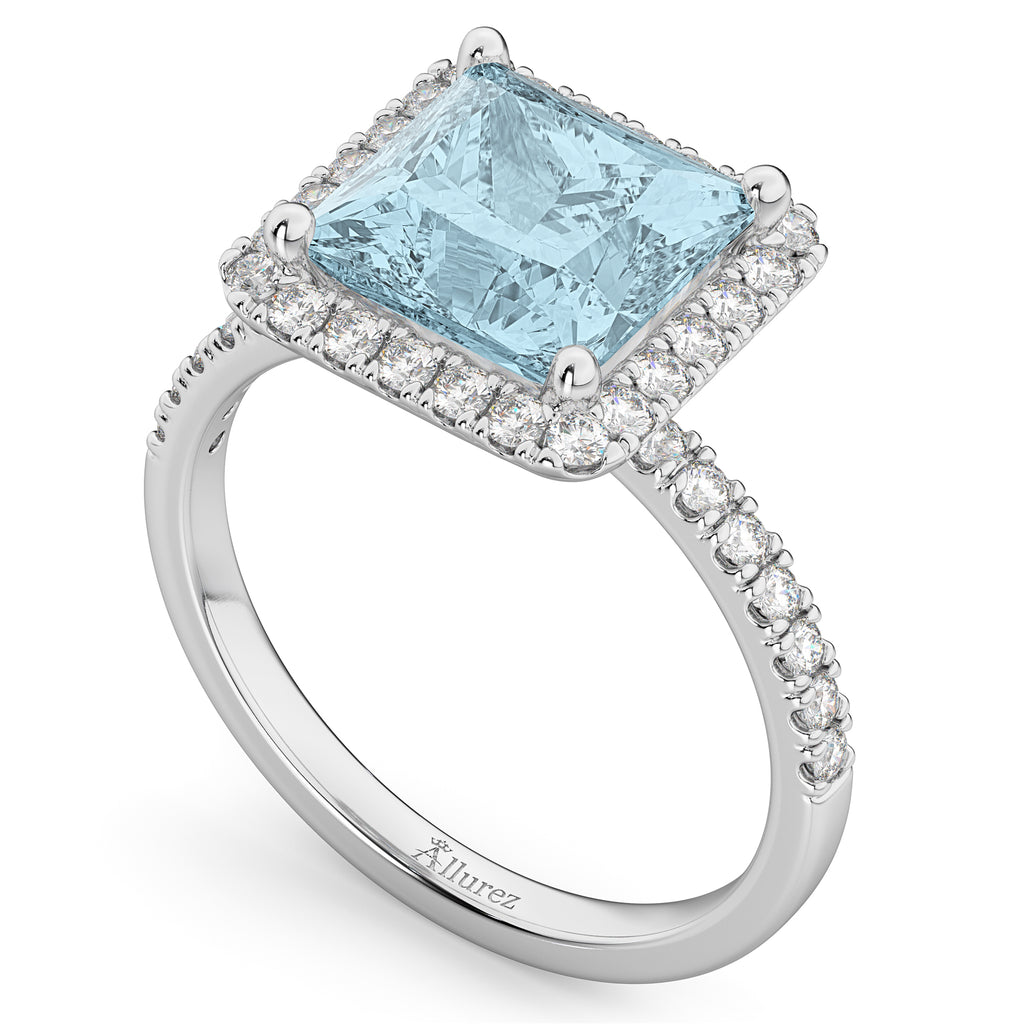 Princess Cut Halo Aquamarine & Diamond Engagement Ring 14K White Gold 3.47ct