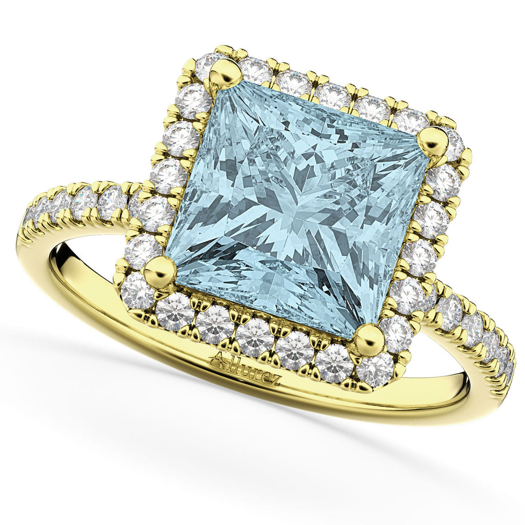 Princess Cut Halo Aquamarine & Diamond Engagement Ring 14K Yellow Gold 3.47ct