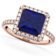 Princess Cut Halo Blue Sapphire & Diamond Engagement Ring 14K Rose Gold 3.47ct