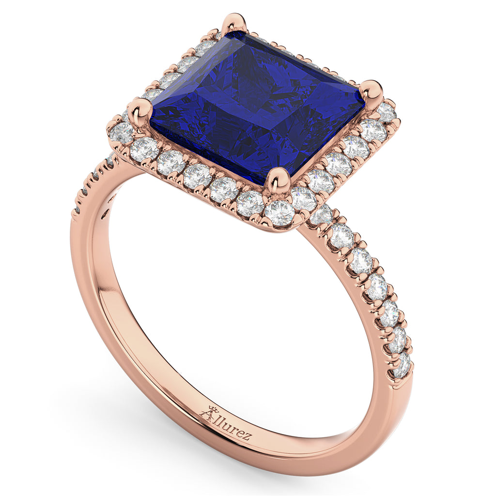 Princess Cut Halo Blue Sapphire & Diamond Engagement Ring 14K Rose Gold 3.47ct