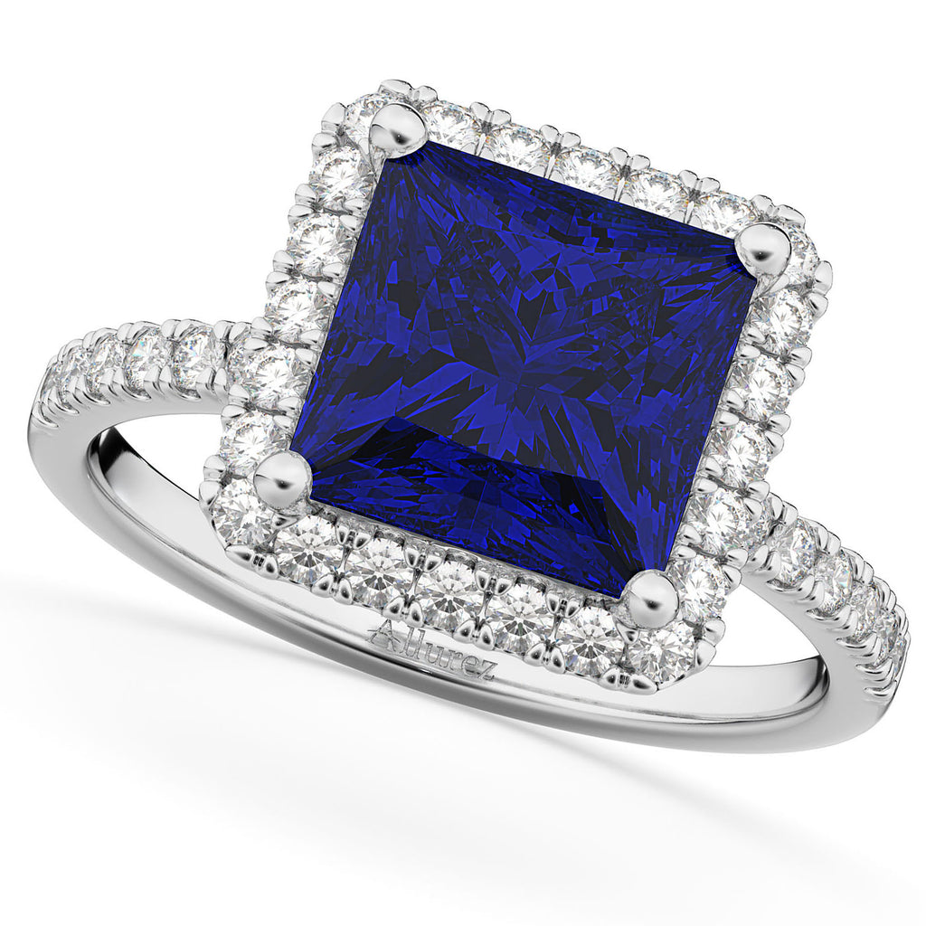 Princess Cut Halo Blue Sapphire & Diamond Engagement Ring 14K White Gold 3.47ct