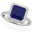 Princess Cut Halo Blue Sapphire & Diamond Engagement Ring 14K White Gold 3.47ct
