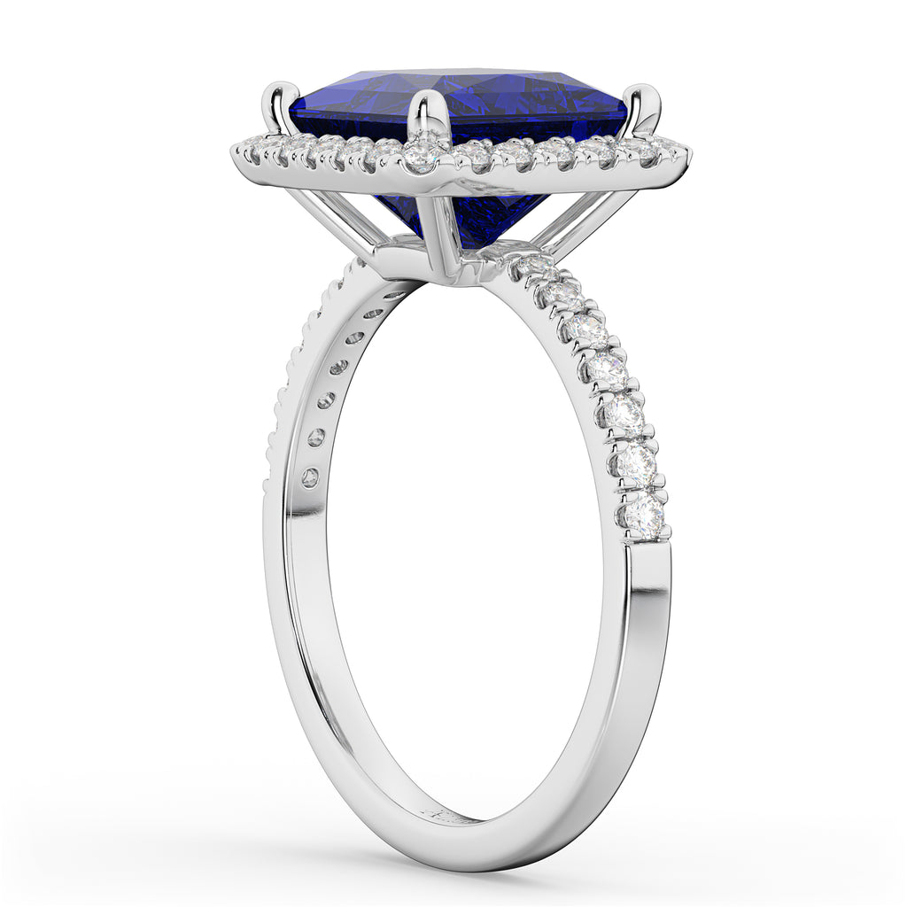Princess Cut Halo Blue Sapphire & Diamond Engagement Ring 14K White Gold 3.47ct