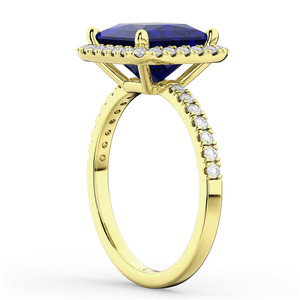 Princess Cut Halo Blue Sapphire & Diamond Engagement Ring 14K Yellow Gold 3.47ct