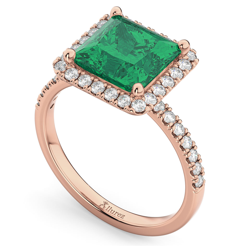 Princess Cut Halo Emerald & Diamond Engagement Ring 14K Rose Gold 3.57ct
