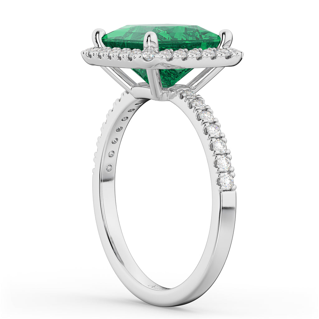 Princess Cut Halo Emerald & Diamond Engagement Ring 14K White Gold 3.57ct