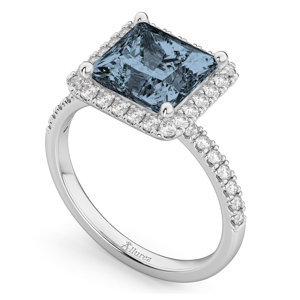 Princess Cut Halo Gray Spinel & Diamond Engagement Ring 14K White Gold 3.47ct
