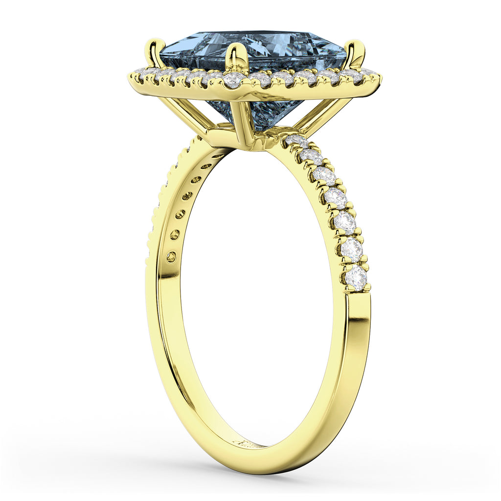 Princess Cut Halo Gray Spinel & Diamond Engagement Ring 14K Yellow Gold 3.47ct