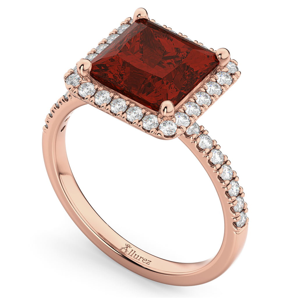 Princess Cut Halo Garnet & Diamond Engagement Ring 14K Rose Gold 3.47ct