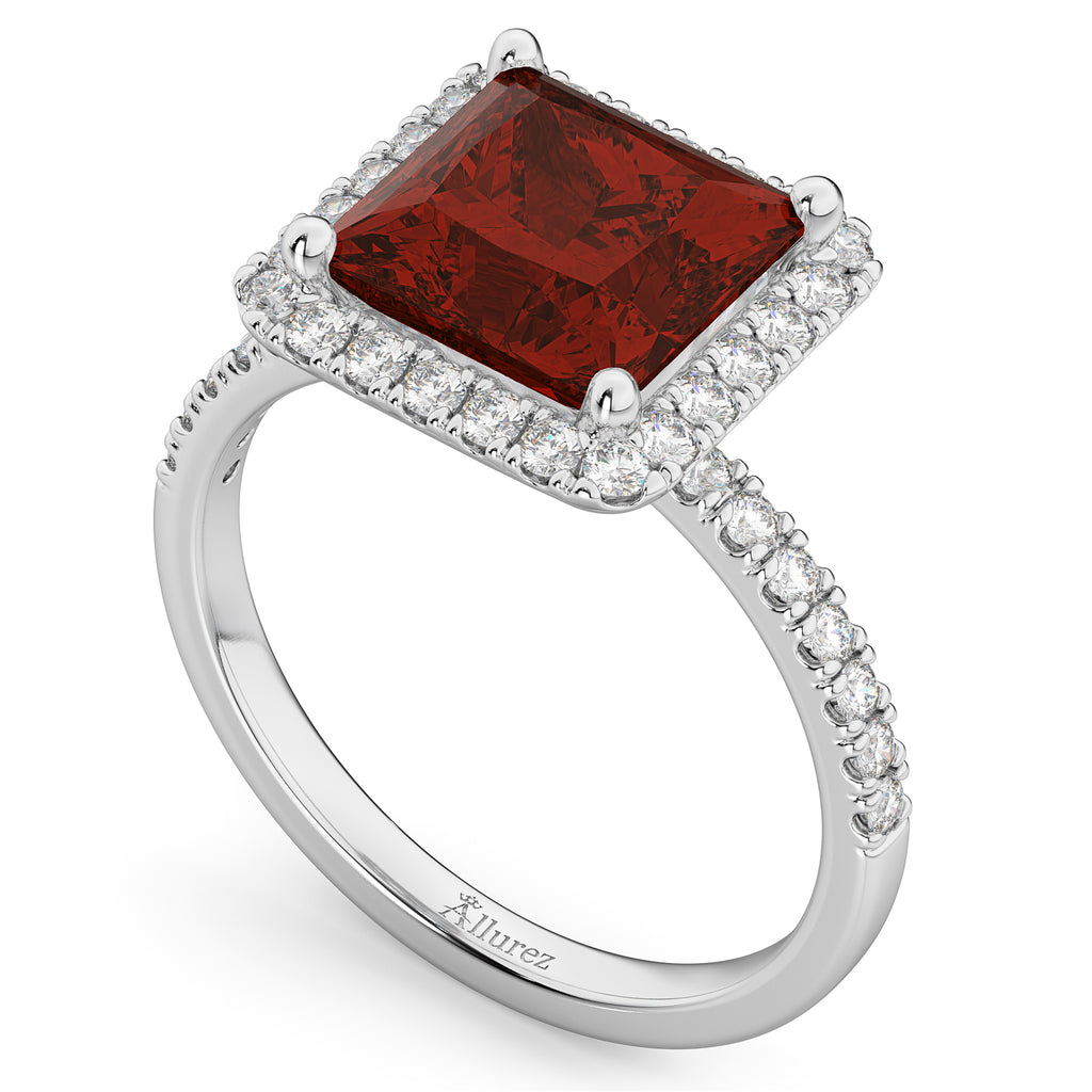 Princess Cut Halo Garnet & Diamond Engagement Ring 14K White Gold 3.47ct