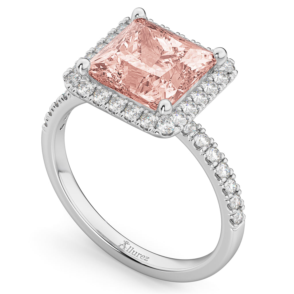 Princess Cut Halo Morganite & Diamond Engagement Ring 14K White Gold 3.47ct