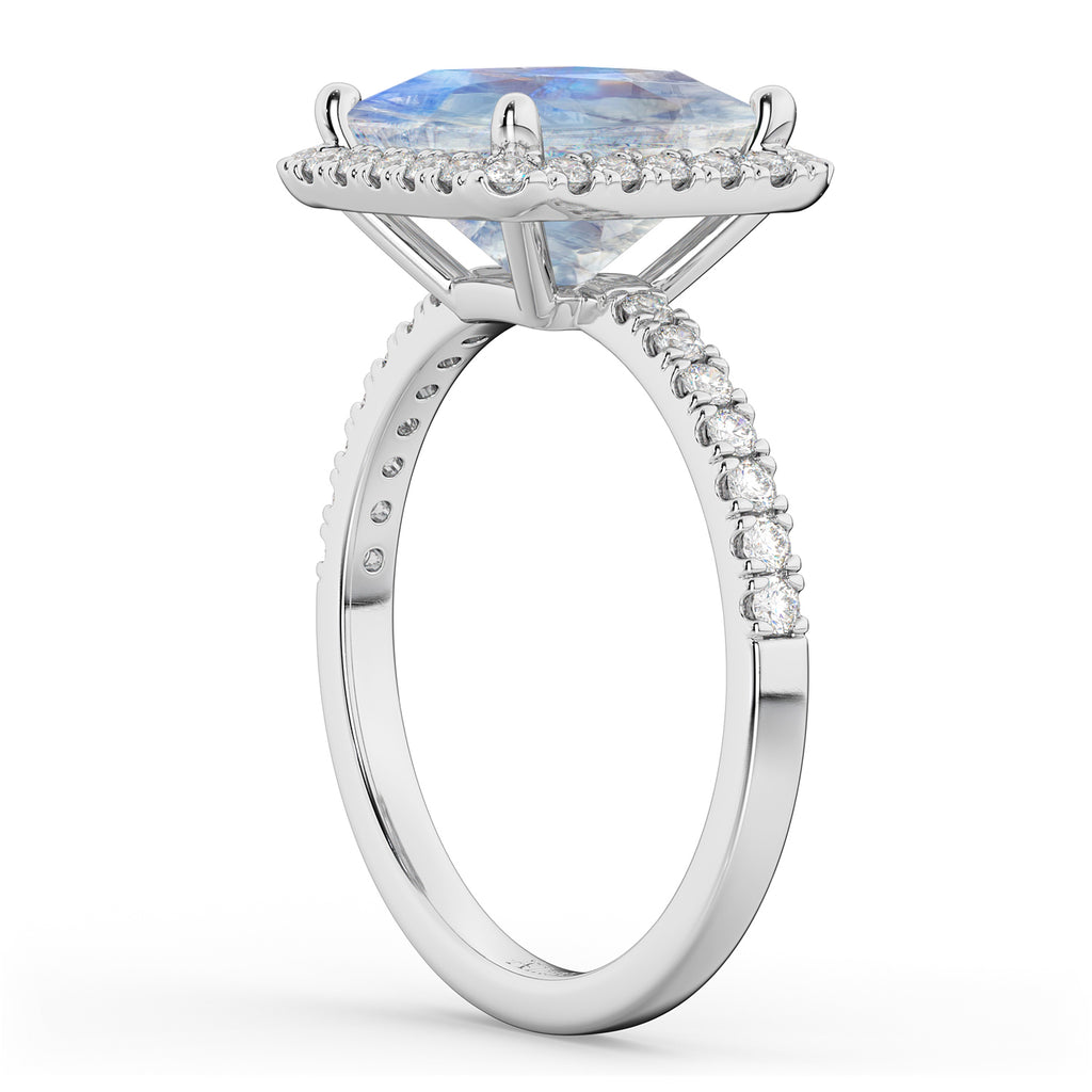 Princess Cut Halo Moonstone & Diamond Engagement Ring 14K White Gold 3.47ct