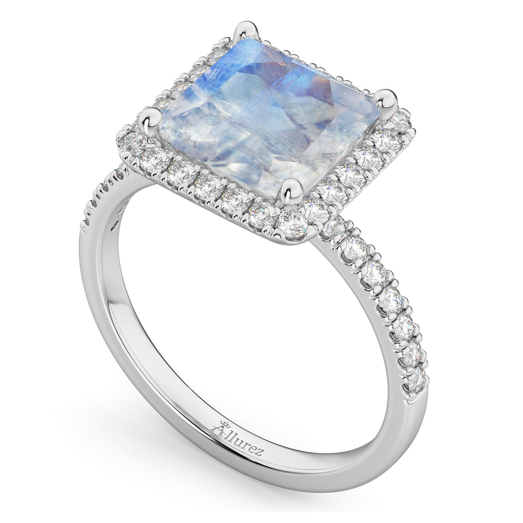 Princess Cut Halo Moonstone & Diamond Engagement Ring 14K White Gold 3.47ct