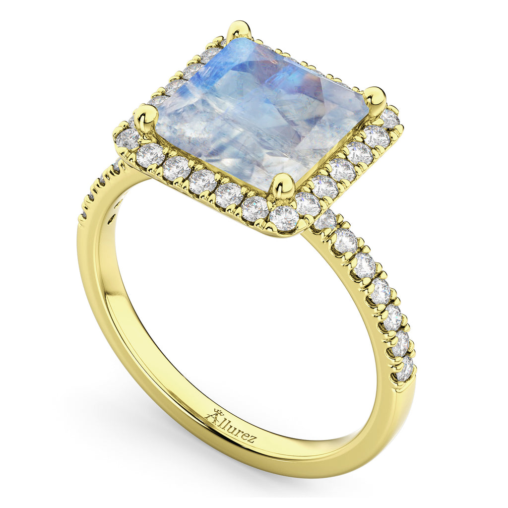 Princess Cut Halo Moonstone & Diamond Engagement Ring 14K Yellow Gold 3.47ct