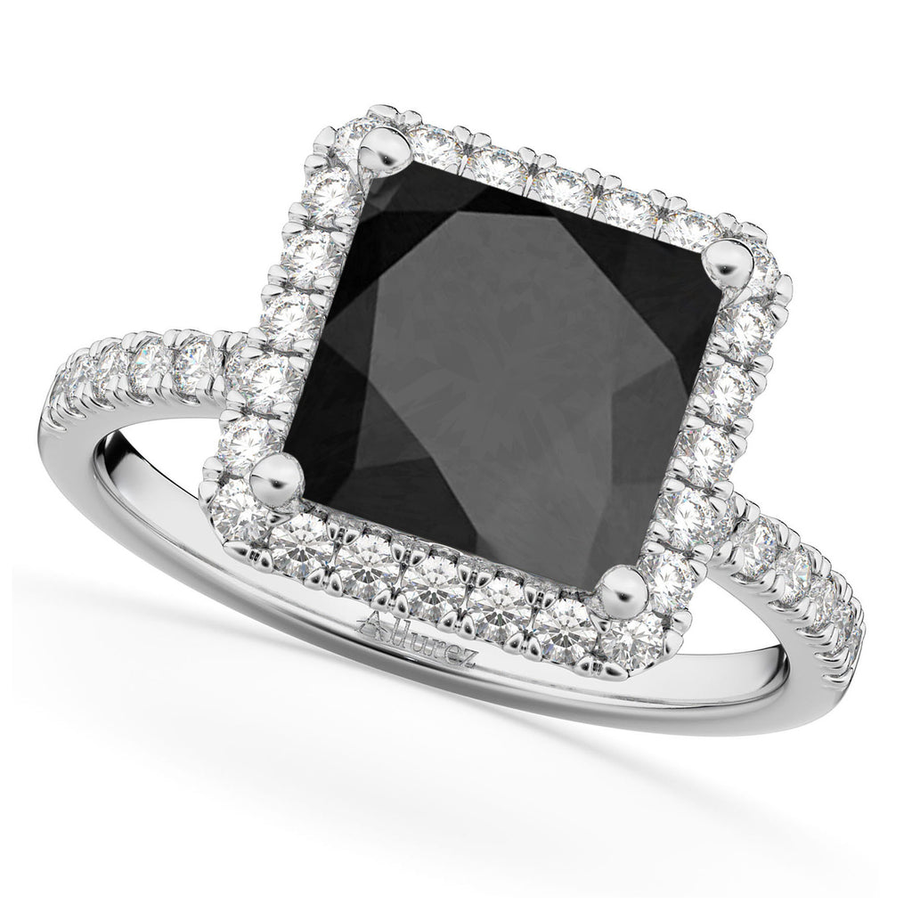 Princess Cut Halo Black Onyx & Diamond Engagement Ring 14K White Gold 3.47ct