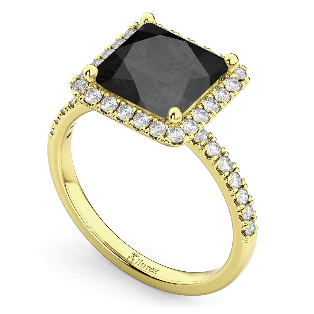 Princess Cut Halo Black Onyx & Diamond Engagement Ring 14K Yellow Gold 3.47ct