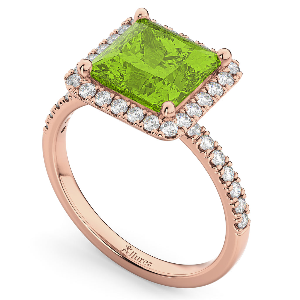 Princess Cut Halo Peridot & Diamond Engagement Ring 14K Rose Gold 3.47ct