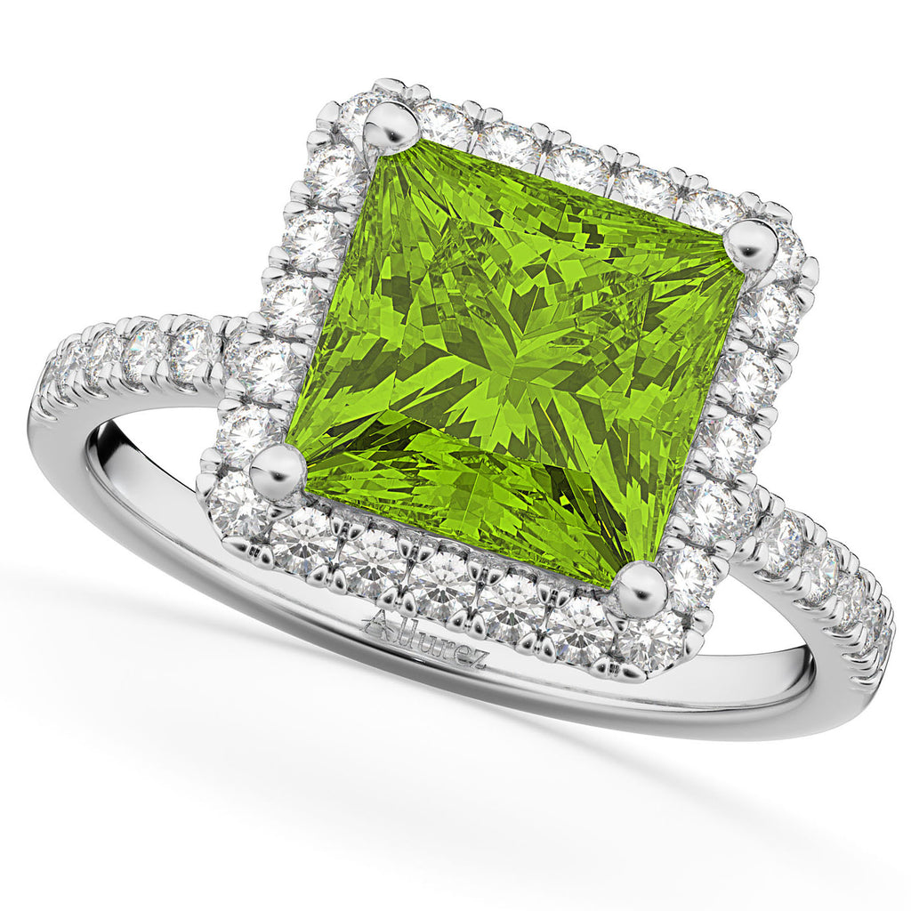 Princess Cut Halo Peridot & Diamond Engagement Ring 14K White Gold 3.47ct