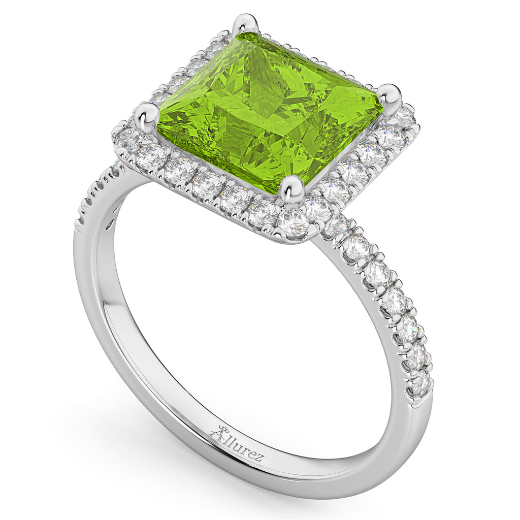 Princess Cut Halo Peridot & Diamond Engagement Ring 14K White Gold 3.47ct