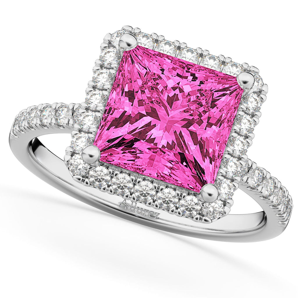 Princess Cut Halo Pink Tourmaline & Diamond Engagement Ring 14K White Gold 3.47ct
