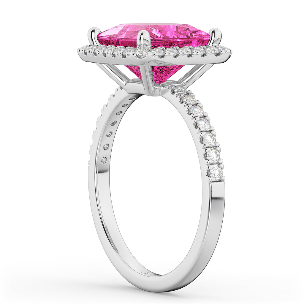 Princess Cut Halo Pink Tourmaline & Diamond Engagement Ring 14K White Gold 3.47ct