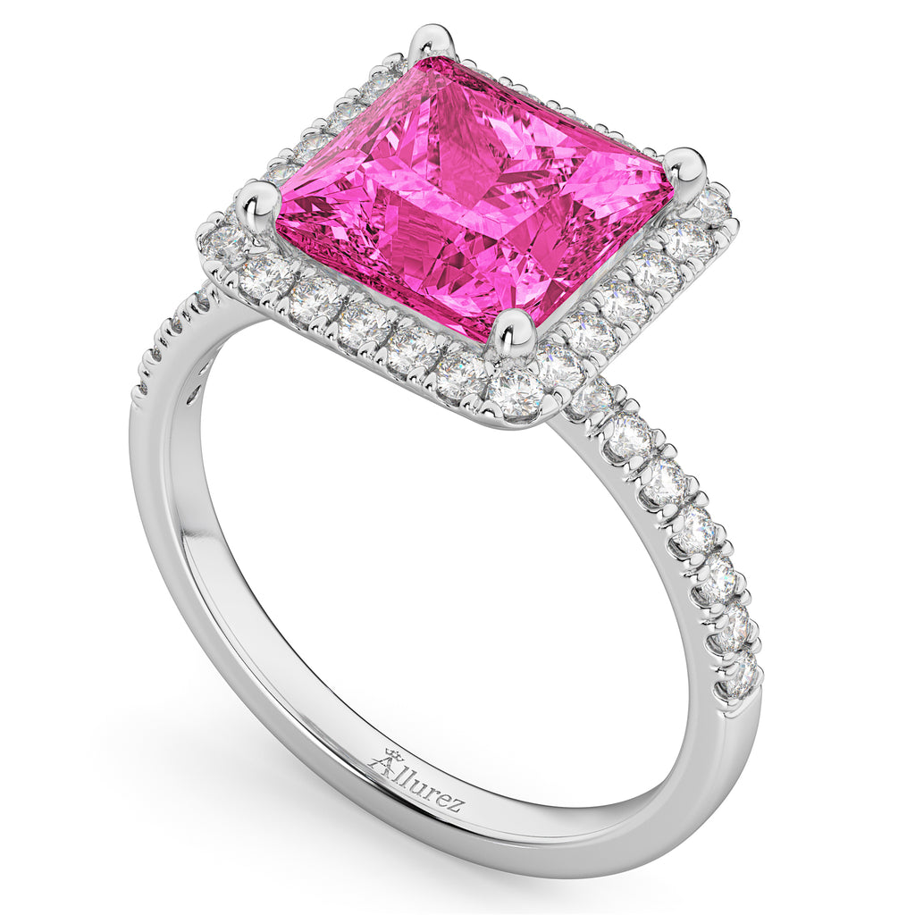 Princess Cut Halo Pink Tourmaline & Diamond Engagement Ring 14K White Gold 3.47ct