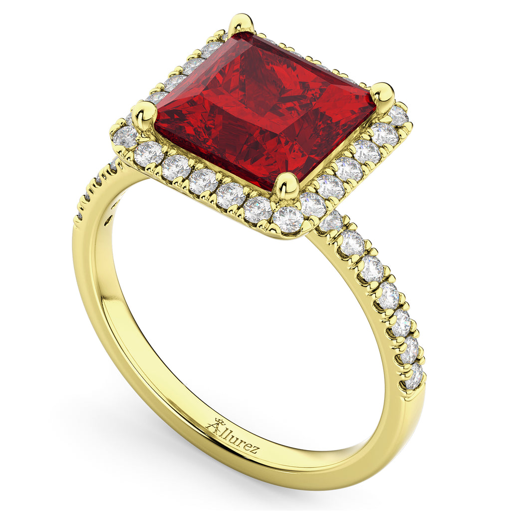Princess Cut Halo Ruby & Diamond Engagement Ring 14K Yellow Gold 3.47ct