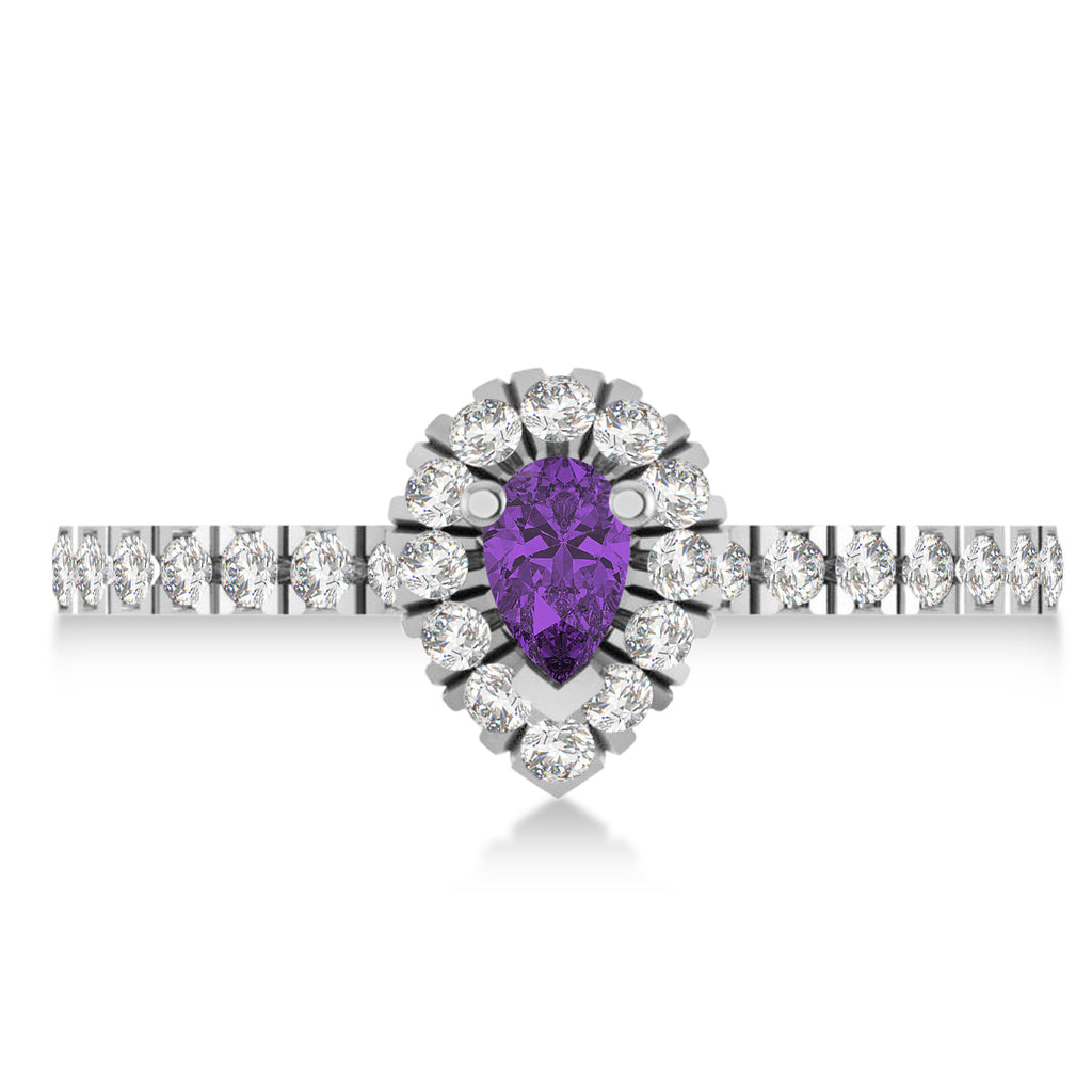 Pear Amethyst & Diamond Halo Engagement Ring 14k White Gold (0.63ct)