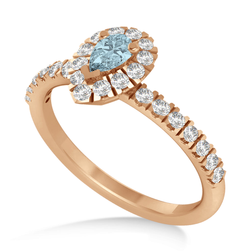 Pear Aquamarine & Diamond Halo Engagement Ring 14k Rose Gold (0.63ct)