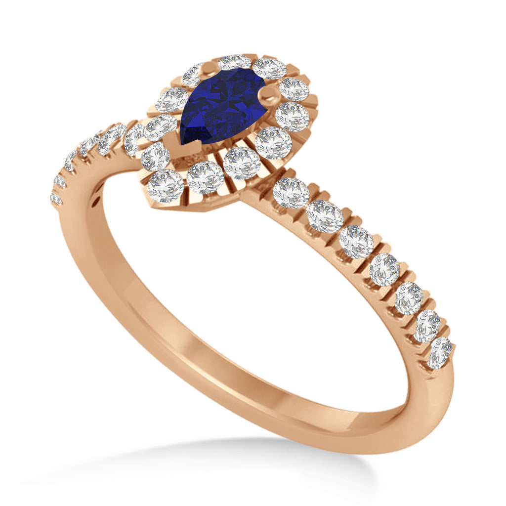Pear Blue Sapphire & Diamond Halo Engagement Ring 14k Rose Gold (0.63ct)