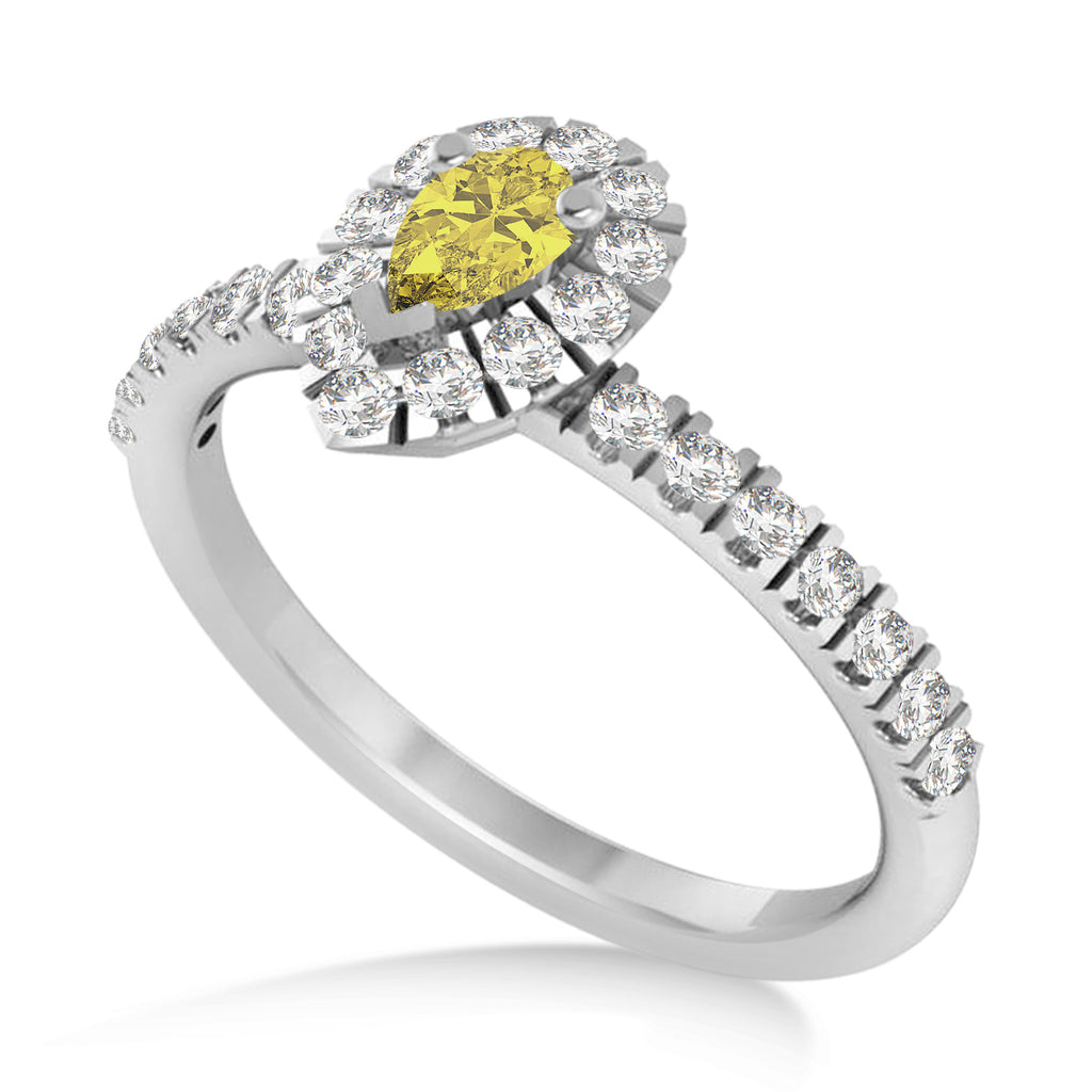 Pear Yellow & White Diamond Halo Engagement Ring 14k White Gold (0.63ct)
