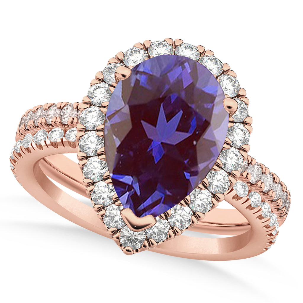 Lab Alexandrite & Diamonds Pear-Cut Halo Bridal Set 14K Rose Gold (2.48ct)