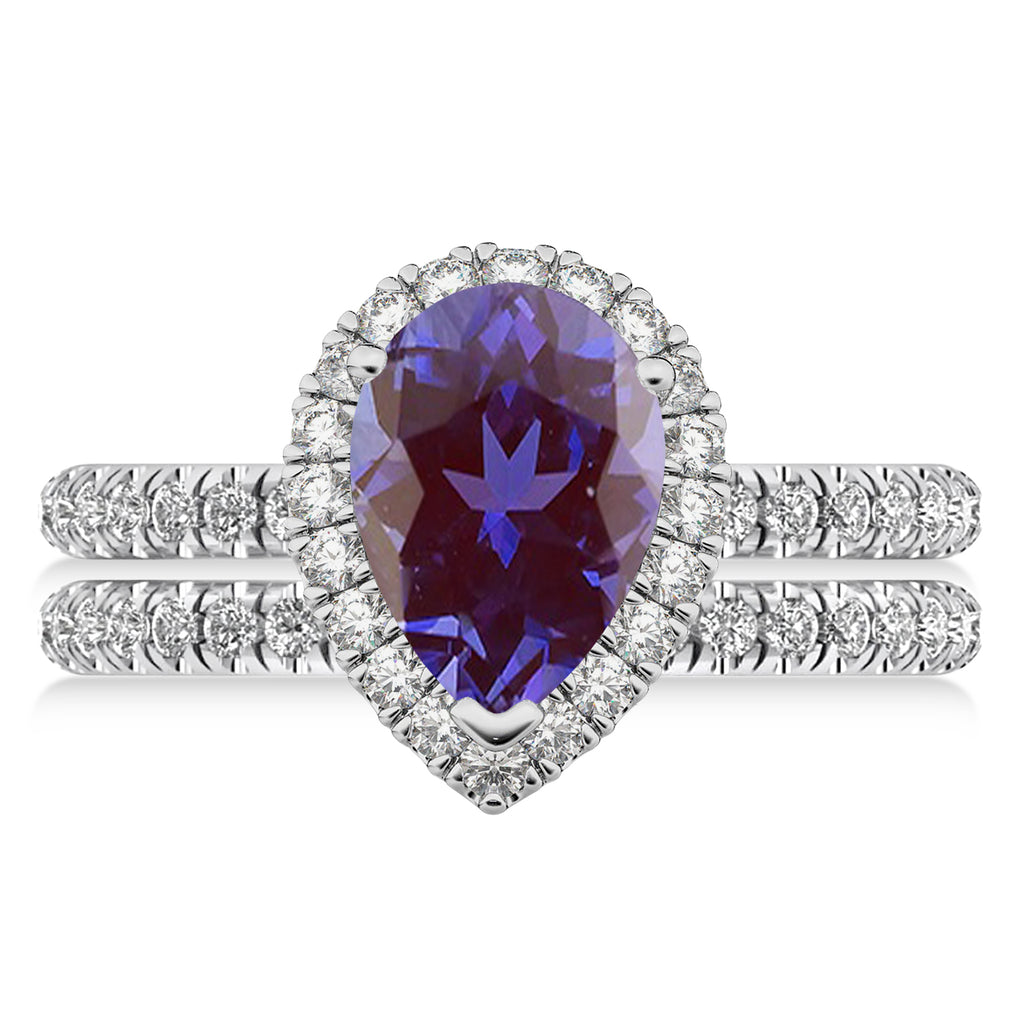 Lab Alexandrite & Diamonds Pear-Cut Halo Bridal Set 14K White Gold (2.48ct)