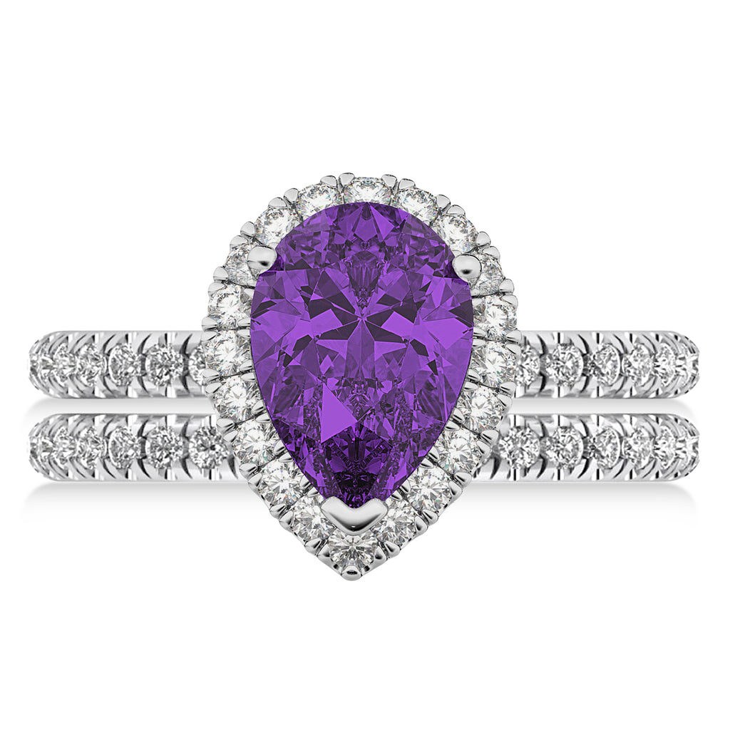 Amethyst & Diamonds Pear-Cut Halo Bridal Set 14K White Gold (2.48ct)