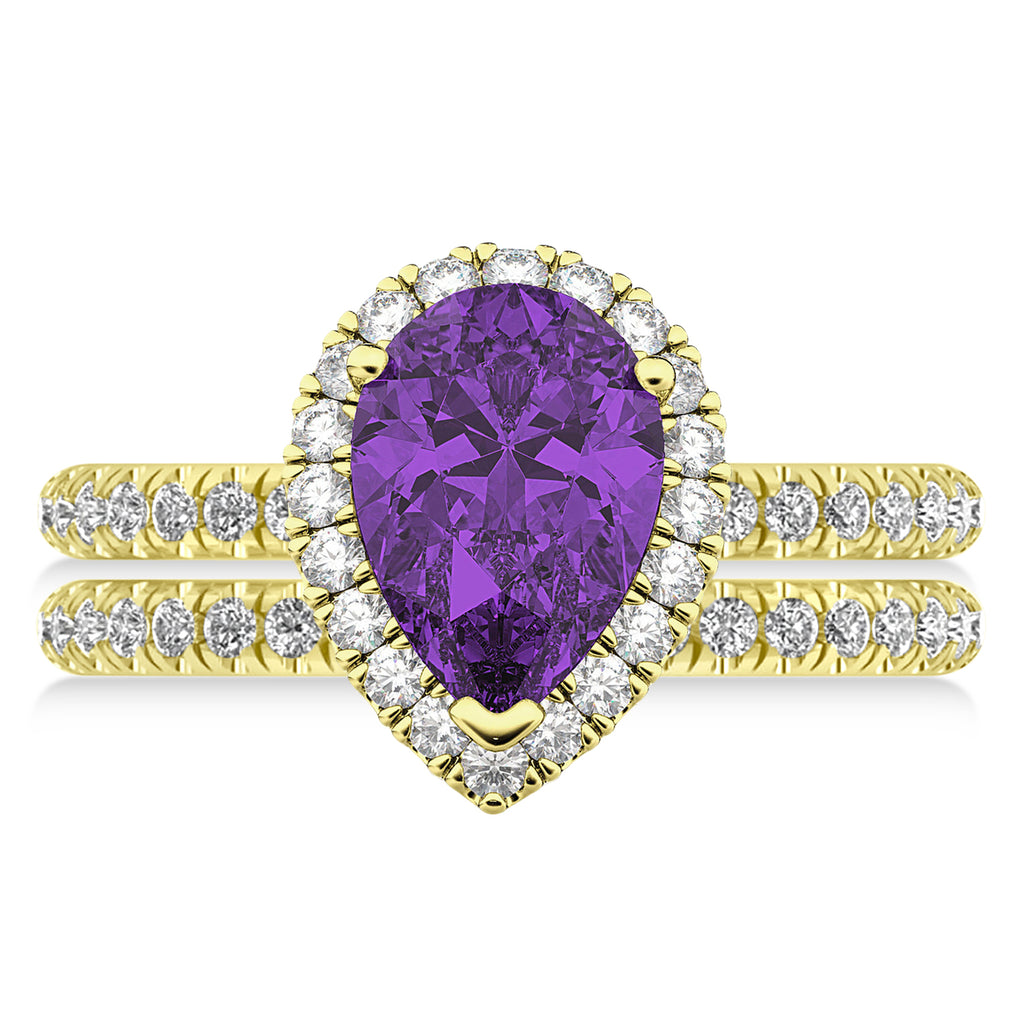 Amethyst & Diamonds Pear-Cut Halo Bridal Set 14K Yellow Gold (2.48ct)