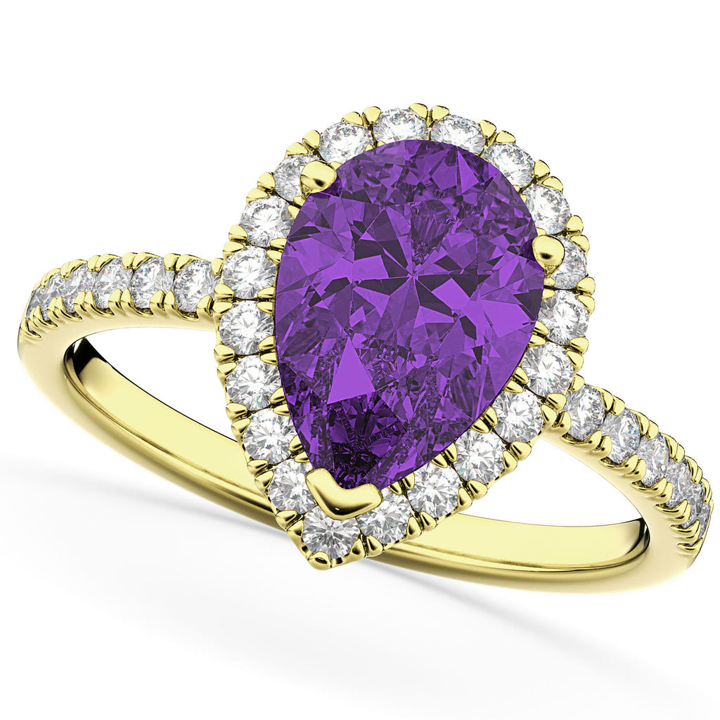 Amethyst & Diamonds Pear-Cut Halo Bridal Set 14K Yellow Gold (2.48ct)