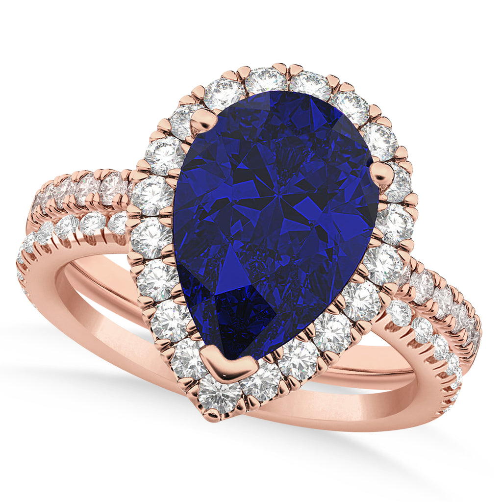 Lab Blue Sapphire & Lab Grown Diamonds Pear-Cut Halo Bridal Set 14K Rose Gold (3.28ct)