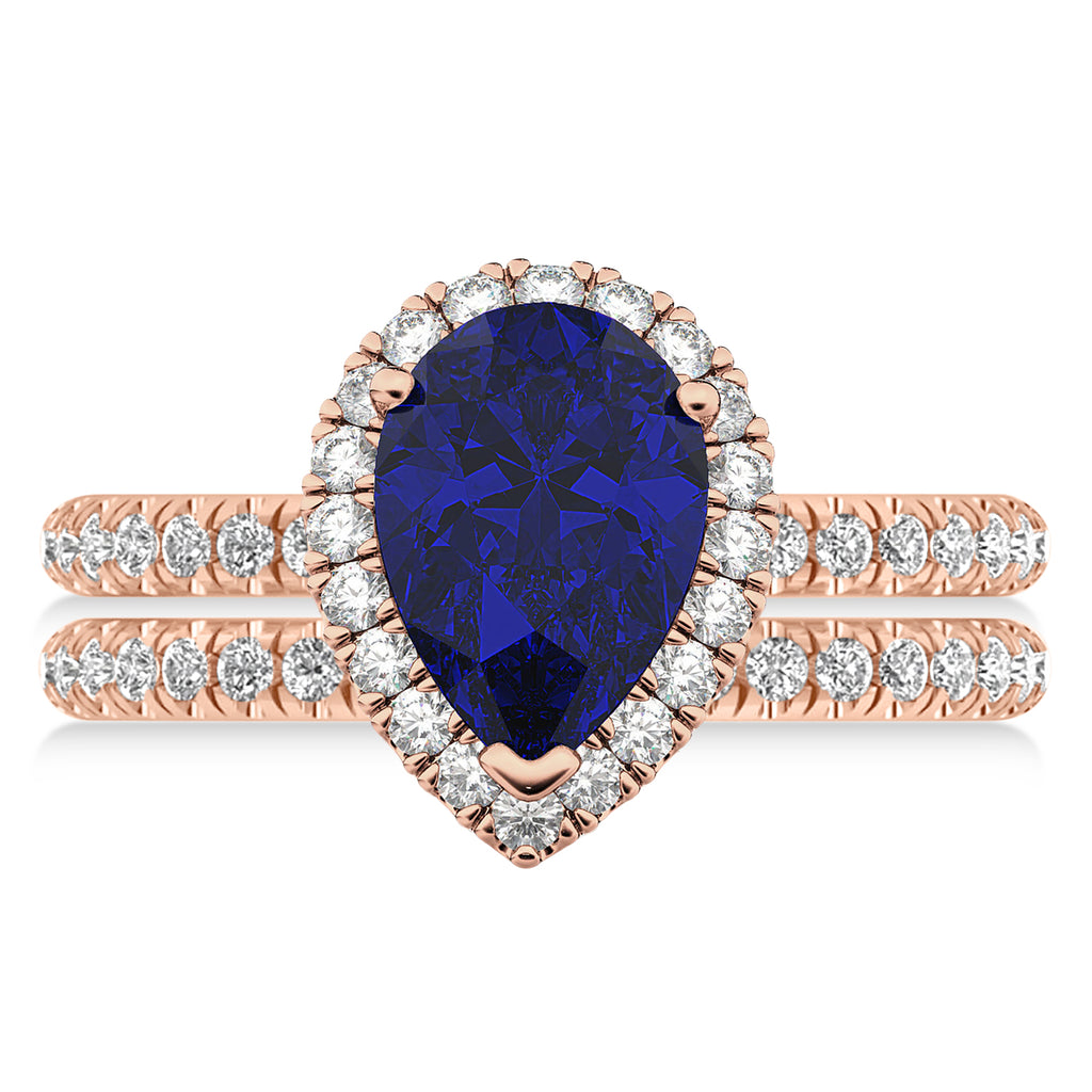 Blue Sapphire & Diamonds Pear-Cut Halo Bridal Set 14K Rose Gold (3.28ct)