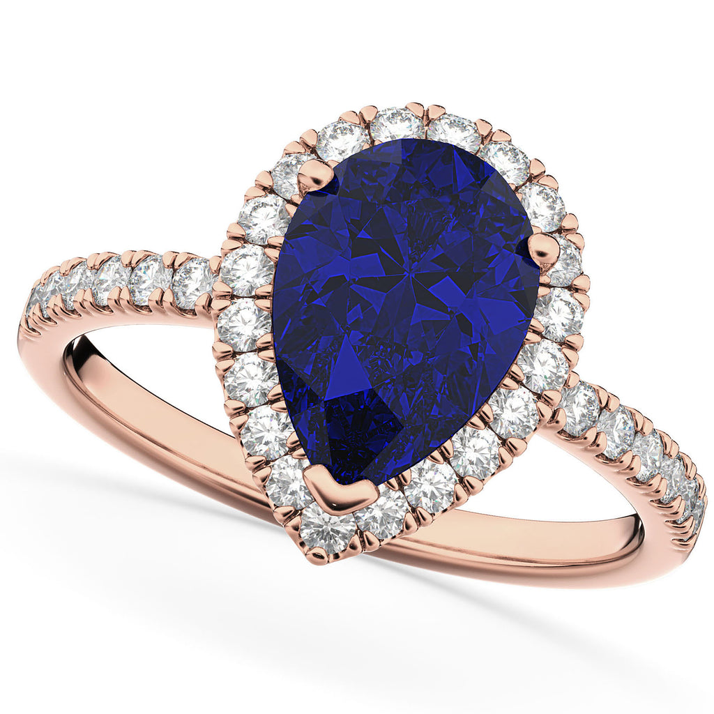 Blue Sapphire & Diamonds Pear-Cut Halo Bridal Set 14K Rose Gold (3.28ct)
