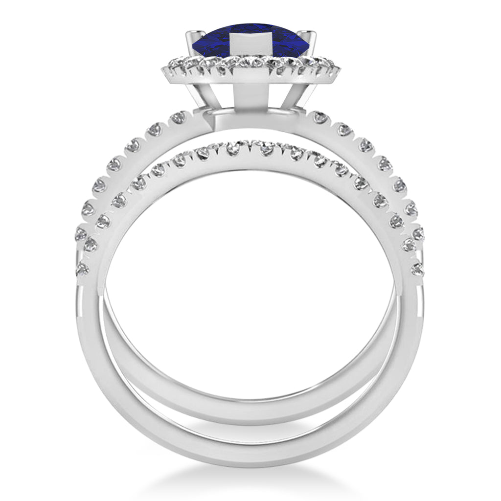 Lab Blue Sapphire & Lab Diamonds Pear-Cut Halo Bridal Set 14K White Gold (3.28ct)
