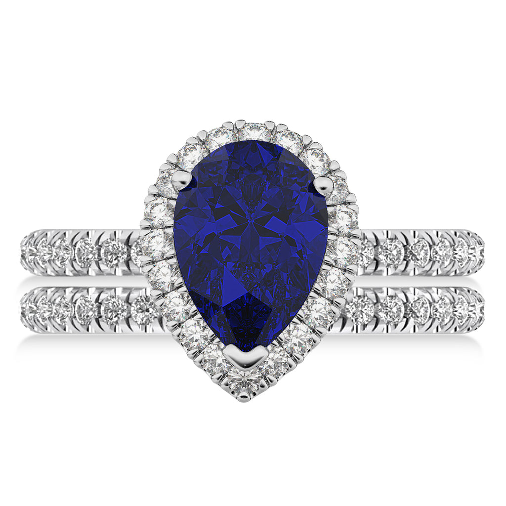 Lab Blue Sapphire & Lab Diamonds Pear-Cut Halo Bridal Set 14K White Gold (3.28ct)
